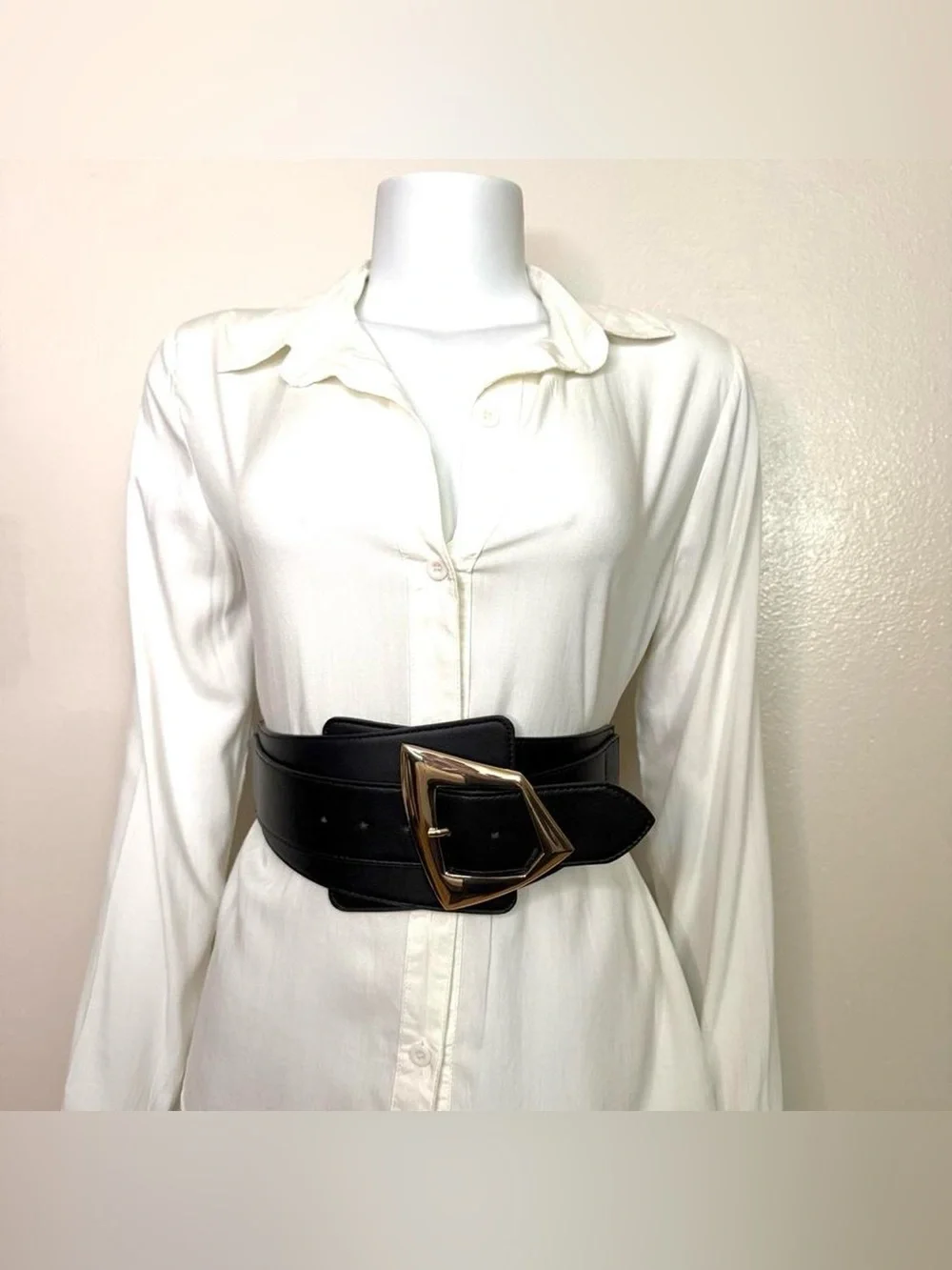 Black wide PU leather elastic waistband belt with gold tone buckle